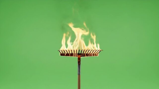 Burning Rake on Green Screen - A metal rake is engulfed in flames against a bright green background. The fire is vibrant and dynamic, providing a striking visual contrast.