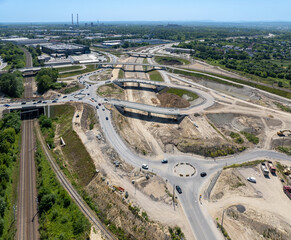 Krakow, Poland. Grebalow large highway and tramway interchange under construction. The fragment of S7 from Warsaw to A4 and last fragment of ring road around Krakow. Aerial view. State in January 2025