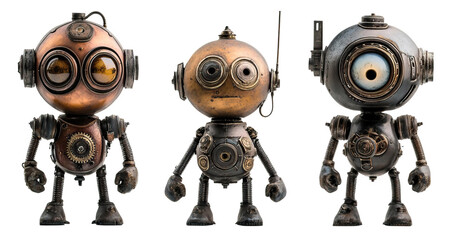 Steampunk robots with vintage gears and brass components in retro design.