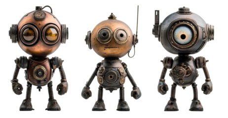 Steampunk robots with vintage gears and brass components in retro design.