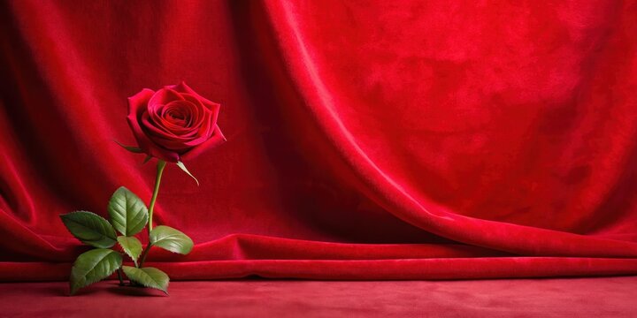 Red velvet backdrop with a single rose , velvet, minimalist decor