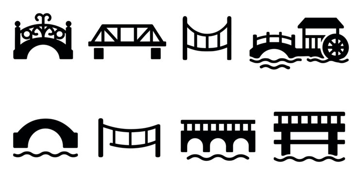 Bridge silhouette icon set featuring various types of bridges in simple design