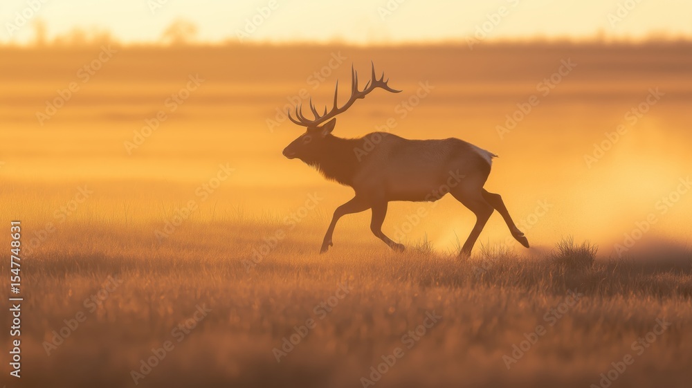 Poster a stag runs across a vast field, illuminated by the warm glow of the setting sun.