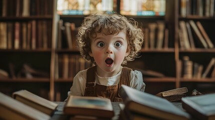 dziecko, portret dziecka, zdziwienie, opuszczona biblioteka, vintage, drewniane regały, stare książki, biblioteka, światło naturalne, złota godzina, ciepłe światło, okno z witrażem, dramatyczne cienie