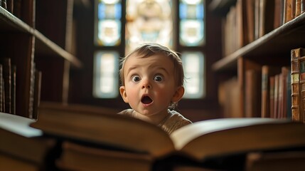 dziecko, portret dziecka, zdziwienie, opuszczona biblioteka, vintage, drewniane regały, stare książki, biblioteka, światło naturalne, złota godzina, ciepłe światło, okno z witrażem, dramatyczne cienie