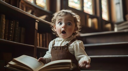 dziecko, portret dziecka, zdziwienie, opuszczona biblioteka, vintage, drewniane regały, stare książki, biblioteka, światło naturalne, złota godzina, ciepłe światło, okno z witrażem, dramatyczne cienie