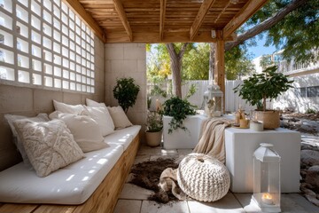 Fototapeta premium An inviting outdoor living area, featuring plush cushions and greenery, showcases a tranquil space for relaxation, highlighting the beauty of nature and comfort.