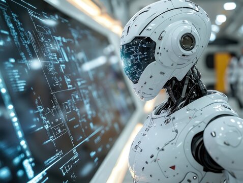 A white humanoid robot with a serious expression instructs a student in advanced mathematics. Holographic formulas float in the air within a minimalist classroom setting