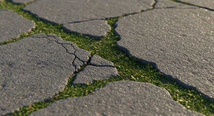 Obraz premium Sunlit Cracked Stone Pavement with Vibrant Green Grass Growing Through