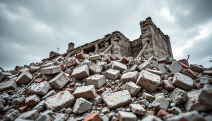 an abandoned building amidst piles of rubble in what appears to be a demolished area