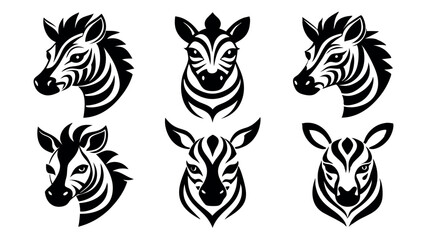 Zebra head in multiple styles  Silhouette on white background