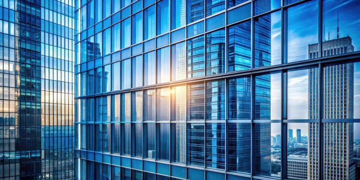 Modern building glass window close up high rise architecture cityscape blue tinted transparent pane , modern building, glass window