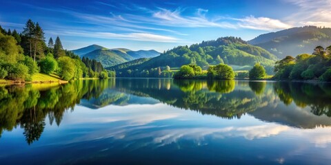 Serene lake scene with surrounding hills and trees reflected in calm water, peaceful lakeside, natural beauty