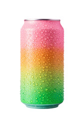 Fototapeta premium A colorful gradient soda can covered in water droplets on a transparent background.