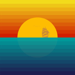 Vintage sunset illustration with sailboat in retro colors