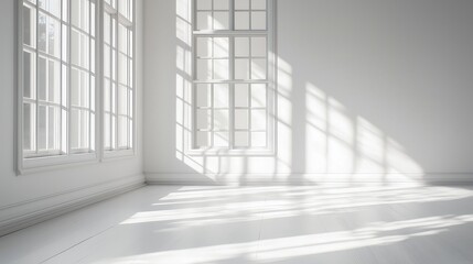 Fototapeta premium Sunlight streams through large windows in a minimalistic white room highlighting shadows
