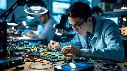 Focused electronics technician assembling components on circuit board under desk lights in modern tech lab