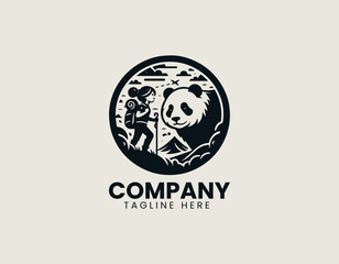 Obraz premium Adventure girl and panda in forest trail logo design symbolizing friendship and nature exploration journey