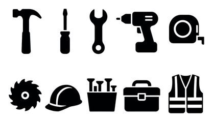 Tool and construction solid icon set. essential machinery, safety icons for projects