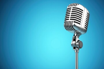 Fototapeta premium Classic silver microphone against a vibrant blue background creates a striking visual effect