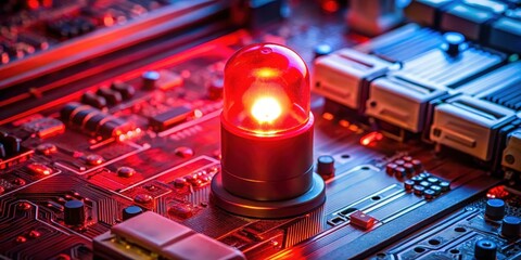 A glowing red security alert light illuminates a modern computer system's motherboard, highlighting the prevention measures against intrusion , infringement protection, modern computing
