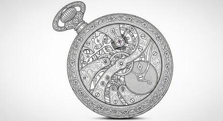 Detailed Line Engraving: Pocket Watch Interior - Precision Mechanism