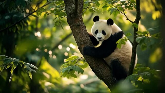 A panda bear clinging to a tree branch surrounded by green leaves in a forest setting outdoors video