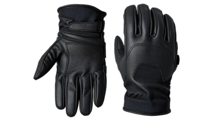 Black leather motorcycle gloves, front and back view isolated on transparent background