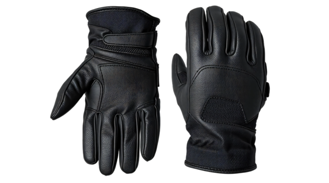 Black leather motorcycle gloves, front and back view isolated on transparent background