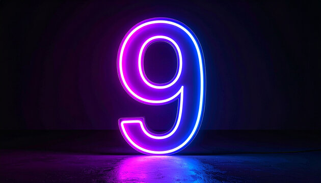 Glowing neon number 9 nine against dark backdrop. Minimalist and stylish design.