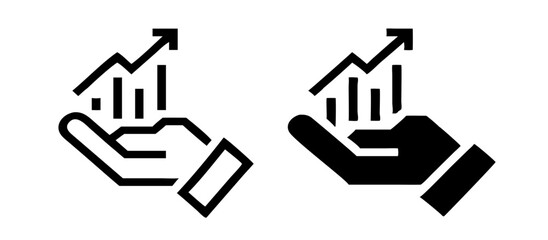 Growing graph in hand flat and line icons. Vector