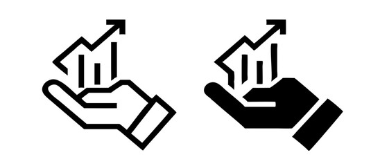 Growing graph in hand flat and line icons. Vector