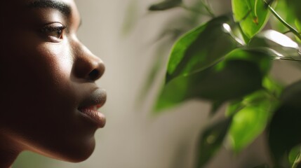 Close-up side view of a person with dark skin, long eyelashes, straight nose, and slightly parted lips, illuminated by soft warm light highlighting smooth skin texture, 