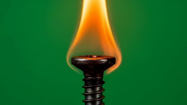 Screw in Fire, Green Background - A close-up shot of a metal screw engulfed in flames against a vibrant green backdrop.