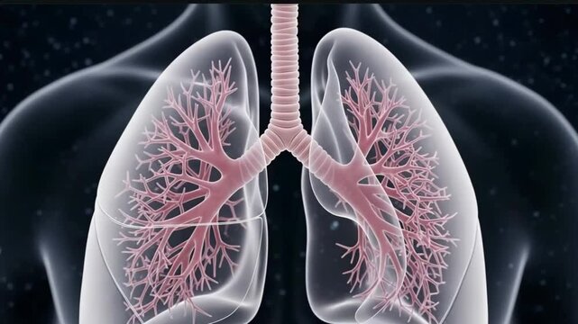 Human lungs anatomy detailed illustration. Lungs respiratory system shown with bronchi and alveoli.  High-quality medical image perfect for educational videos.  