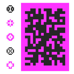 Pixel mosaic background and pixelated circular objects. Cyberpunk style, brutalist symbols. Random square spots backdrop. Vector illustration