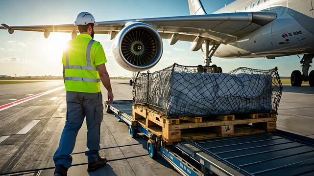 Airport ground crew managing cargo loading beside airplane engine under bright sunrise on tarmac platform