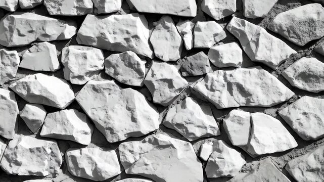 Close-up of a pristine white stone wall showcasing different shapes and sizes of roughly textured rocks interlocked seamlessly, casting subtle shadows.