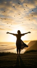 Fototapeta premium Woman Silhouetted Against Sunset Ocean and Birds in Flight Freedom and Serenity
