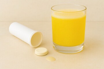 Effervescent vitamin tablet and bright yellow drink in glass on beige surface perfect for supplement packaging and wellness ads