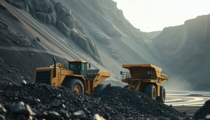 Heavy Machinery Operating in a Quarry During Daylight with Dramatic Landscape