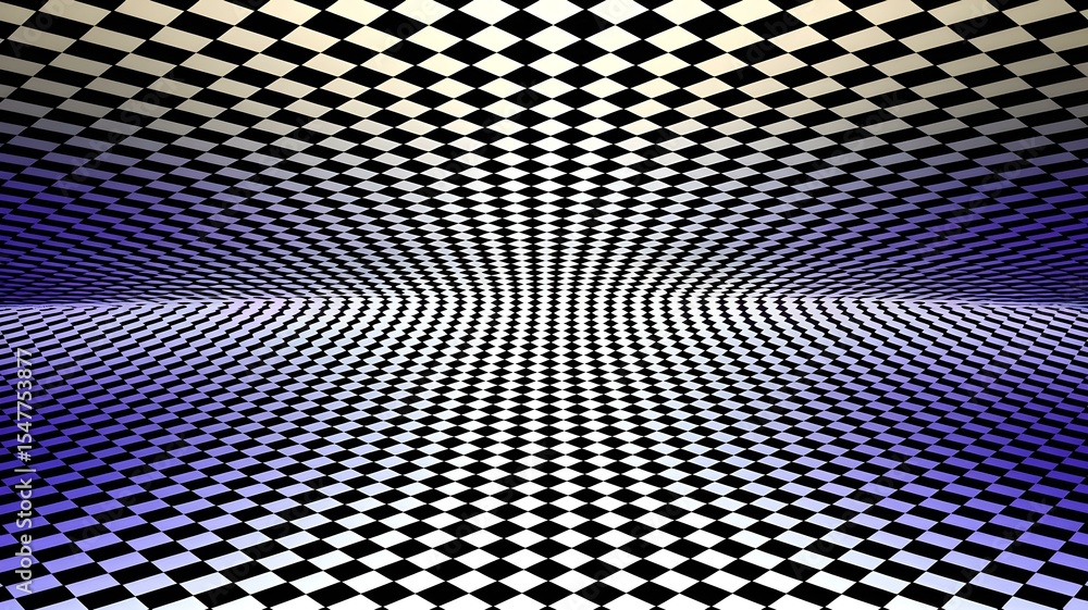 Poster abstract checkered pattern with distorted perspective, black and white tiles in curved space, illusi