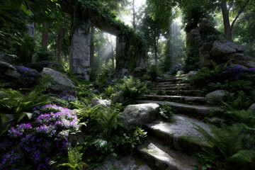 Sunlight filters through trees in a tranquil overgrown forest environment near ancient ruins