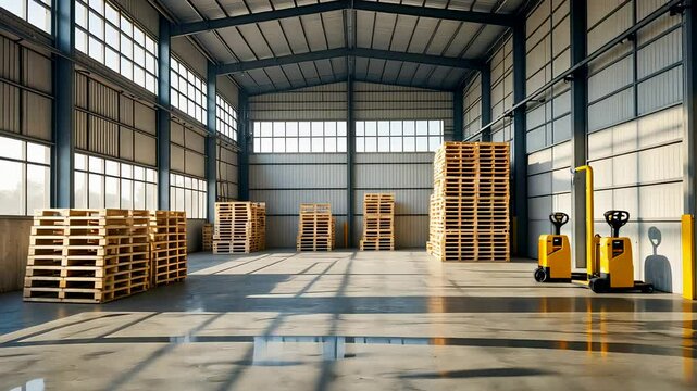 Clean empty warehouse interior with stacked wooden pallets and yellow pallet jacks under natural window light