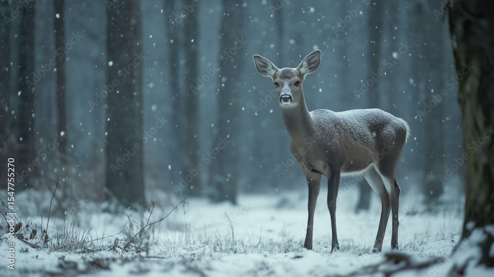 Poster a deer stands in a snowy forest, surrounded by tall trees and gently falling snowflakes.