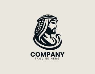 Fototapeta premium Arabian man head with keffiyeh and beard illustrated inside strong badge logo conveying heritage and professionalism