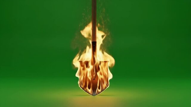 Burning Shovel on Green Screen - A metal shovel engulfed in flames is shown against a bright green background. The video is likely a visual metaphor or for special effects use.