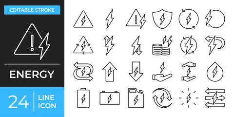 Energy outline icon set. Containing power, electricity, battery, environment, sustainable, industry and more. Vector illustration