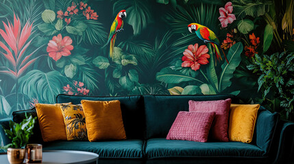 A lush tropical living room with colorful parrots and vibrant floral wallpaper enhancing decor