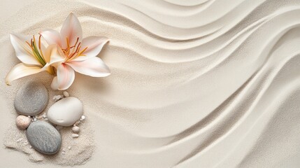 Serene Sand Waves with Lily and Stones, Zen Garden, Spa Relaxation Zen, Serenity